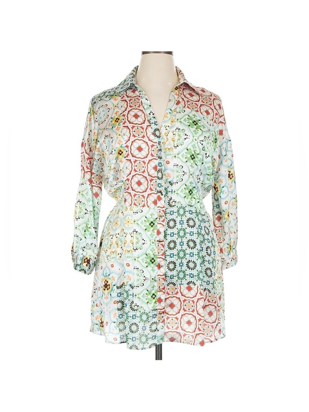 Zara Mixed Print Shirt Dress Mini Multicolor Floral Geometric Button Front XL - Picture 2 of 8